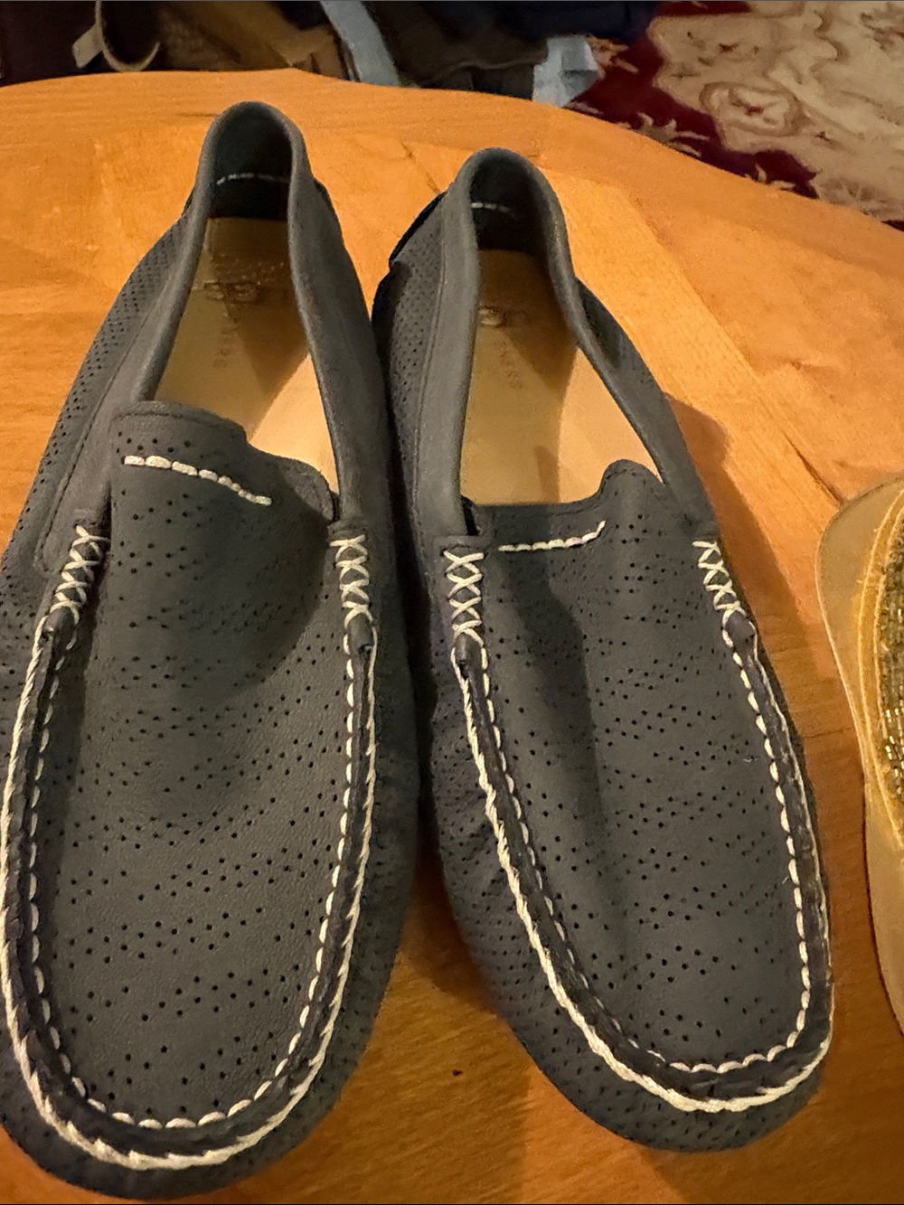 UGG Men's Navy Perforated Suede Slip-On Loafers with White Stitching